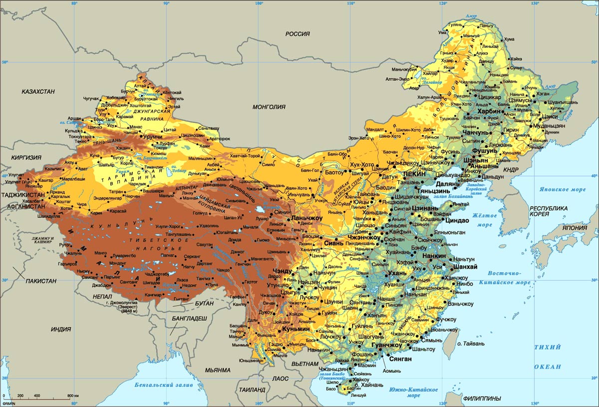 Физическая Карта Китая на русском